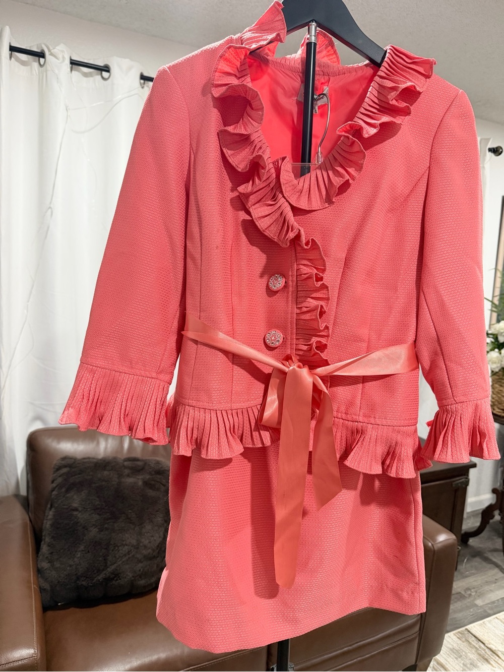 Nicole Coral Pink Ruffle Blazer Jacket with Belt